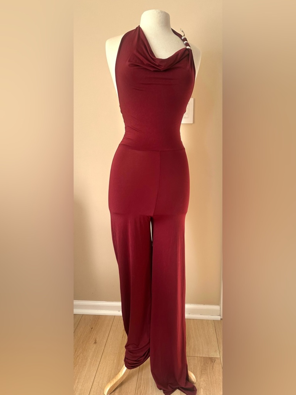 NWT Burgundy Halter Jumpsuit | Open Back | Gold Snake Detail | Wide-Leg